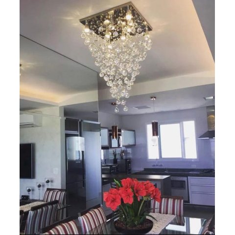 Lustre de Cristal para Sala, Base de Inox Polido 42x42cm, Altura 80cm com Esferas de 30mm