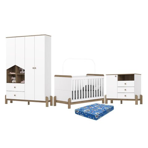 Dormitório Infantil Ternura Guarda Roupa, Cômoda e Berço Branco/jequitibá com Colchão Physical