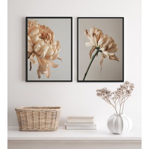 Kit 2 Quadros Decorativos Florais Bege e Cinza 45x34cm:madeira Preta
