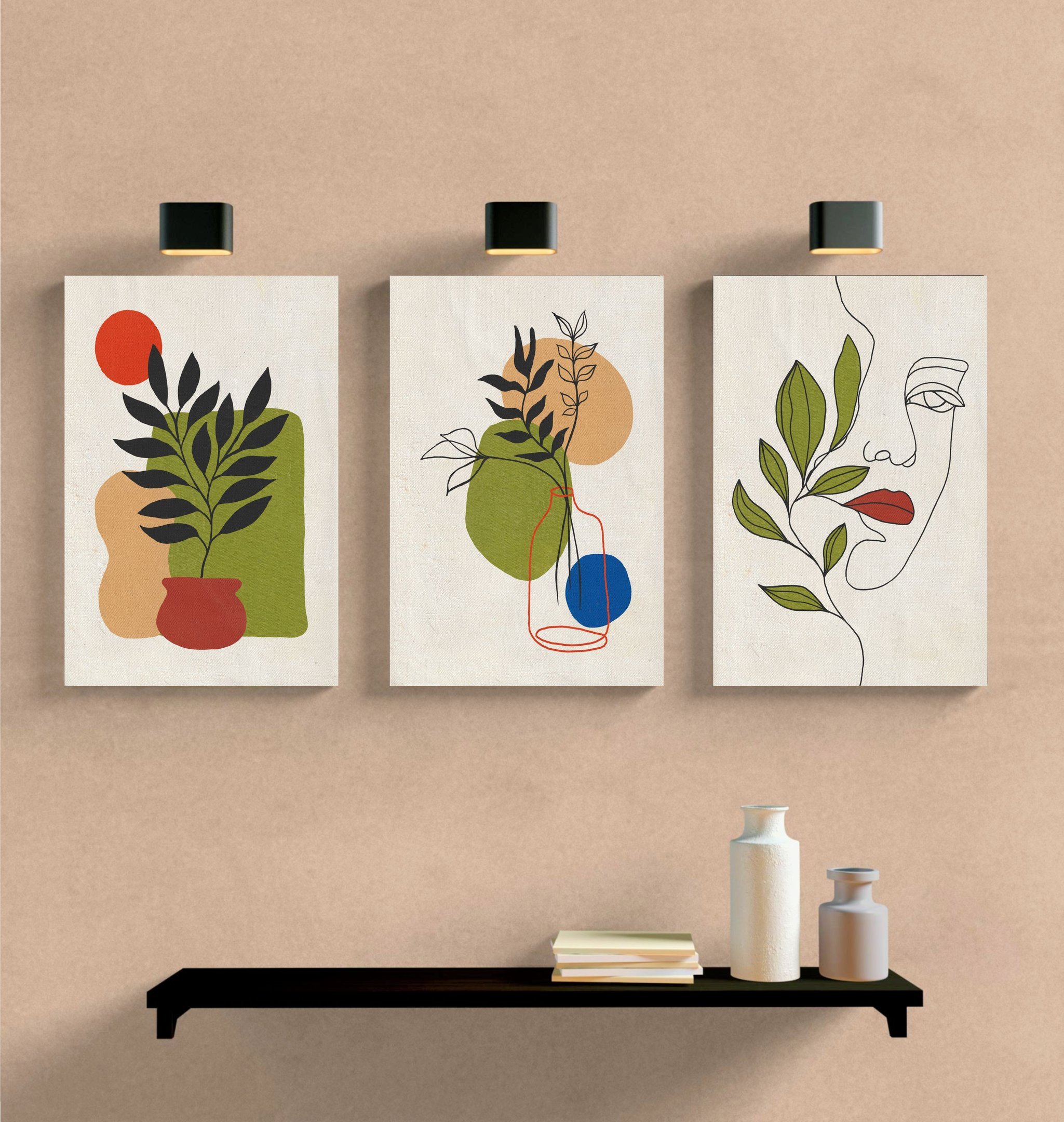 Conjunto com 3 lindos pequenos quadros decorativos pintados a mão medindo 45x30cm cada quadro