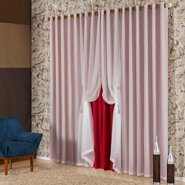 Cortina Maju Vermelho com Voil 2,00M X 1,70M - Acompanha Varão - 1