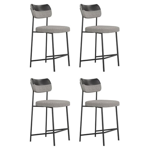 Kit 04 Banquetas Médias Cozinha Lila com Encosto Couríssimo Preto Linho Cinza - Abmaza