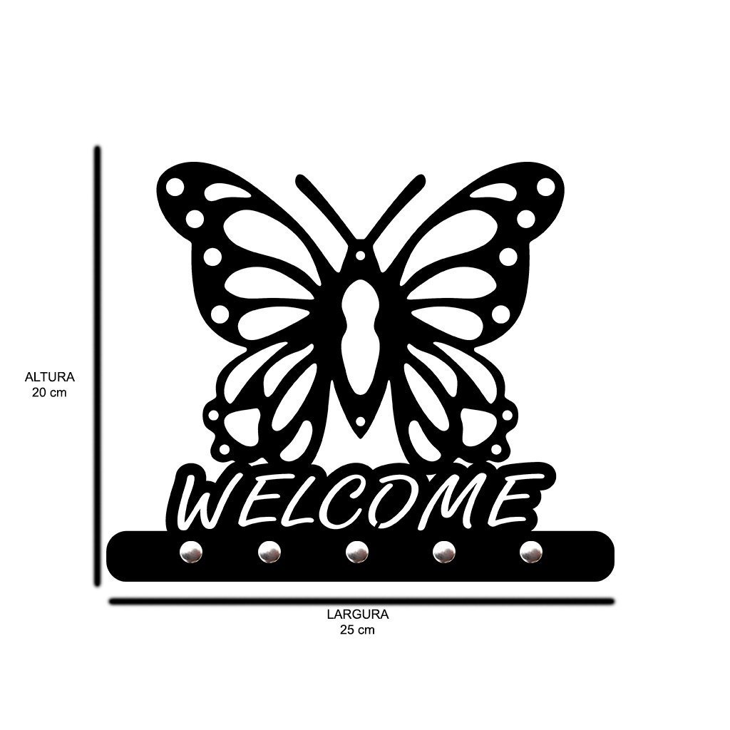 Porta Chaves de Parede 6mm Borboleta Welcome Decorativo em MDF:PRETO - 2