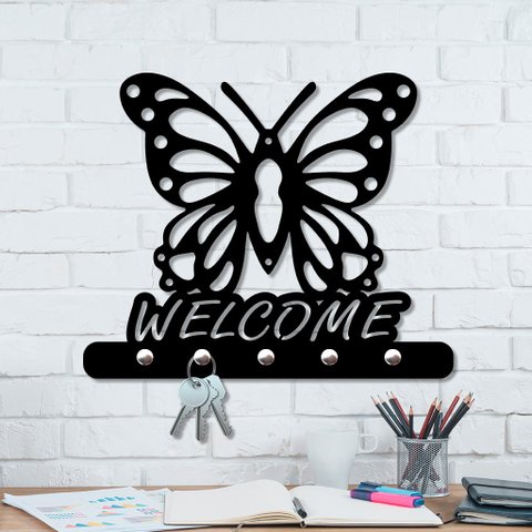 Porta Chaves de Parede 6mm Borboleta Welcome Decorativo em MDF:PRETO