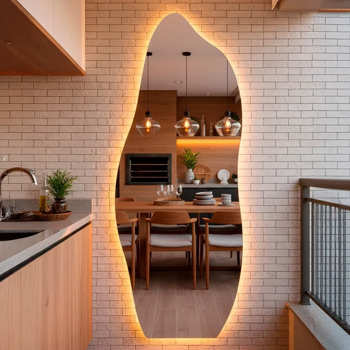 Espelho Decorativo Orgânico Led Quente 170x70 Suporte Parede Flame Sala Quarto Banheiro Escritório - 1