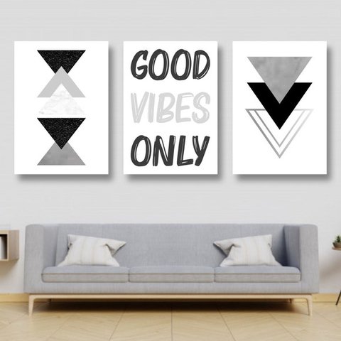 Kit 3 Quadros Geométrico Good Vibes Only 24x18cm - com vidro:Madeira branca