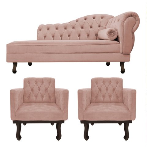 Kit Diva Recamier Diana 140cm Lado Esquerdo e 02 Poltronas Classic Suede Rosê - ADJ Decor