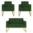 Ver imagem 1 de Kit Namoradeira e 2 Poltronas Decorativas Base Industrial Dourada Maressa S23 Suede Verde - Ibiza