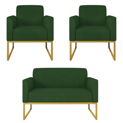 Kit Namoradeira e 2 Poltronas Decorativas Base Industrial Dourada Maressa S23 Suede Verde - Ibiza