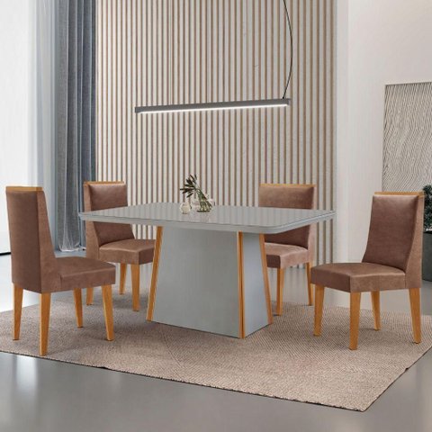 Mesa de Jantar Diane 120cm Tampo Mdf Vidro 4 Cadeiras Lisboa Moderna Tork Off White Naturale