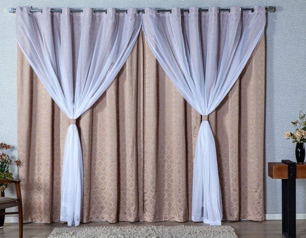 Cortina Semi-Blackout Berlim 6,00M x 2,50M Jacquard com Voil - Cor - Dourado - 1