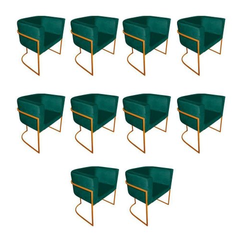 Kit 10 Poltronas Decorativa Sala de Estar Base de Ferro Cobre Veludo Verde