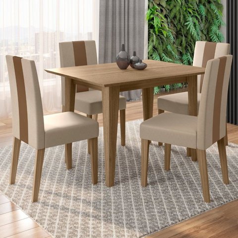 Conjunto Mesa de Jantar Kate 120cm 4 Cadeiras Linea Revestidas em Suede Carvalho/Marfim Yescasa