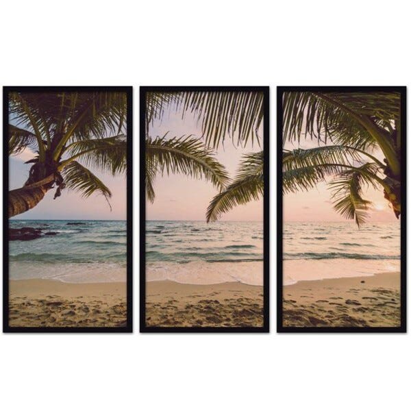 Conjunto Quadros Decorativos 3 peças 30x60 Praia Paraiso - Moldura Preta - 1