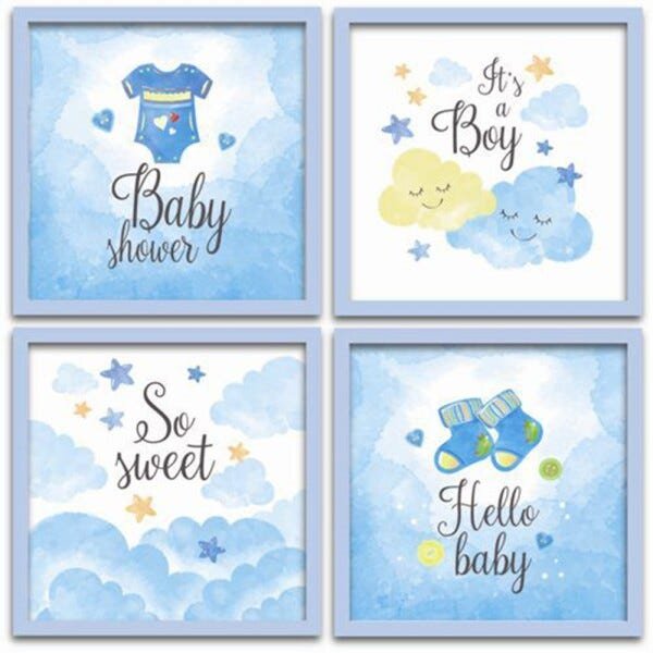 Conjunto Quadros Decorativos 4 peças 20x20 Its a Boy - Moldura Azul Claro - 1