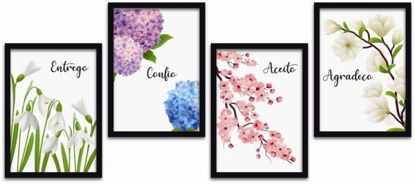Conjunto Quadros Decorativos 4 peças 20x30 Flores e Frases - Moldura Preta - 1