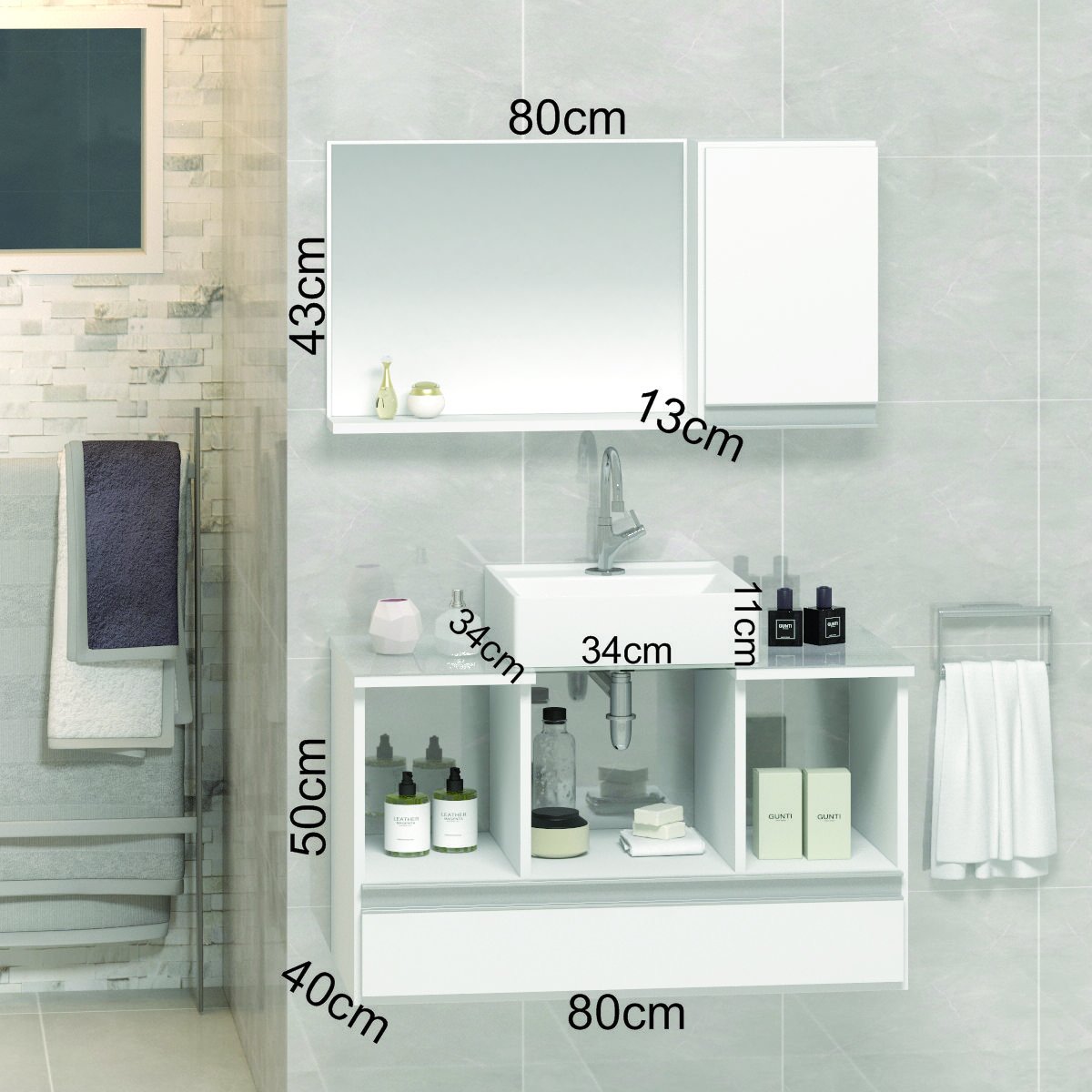 Conjunto Gabinete Banheiro VENUS 80cm Branco - Gabinete + Cuba + Espelheira + Tampo Vidro - 2