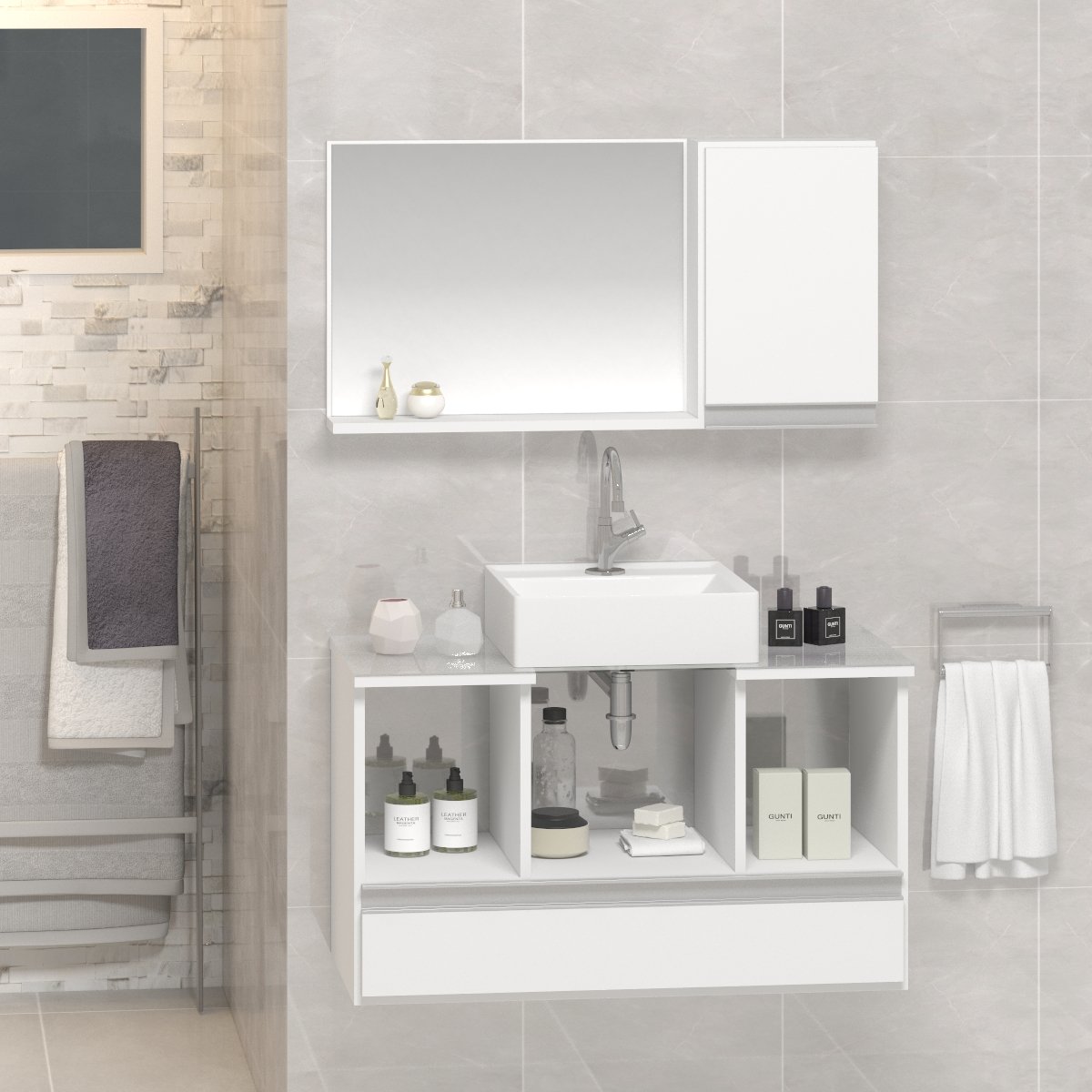 Conjunto Gabinete Banheiro VENUS 80cm Branco - Gabinete + Cuba + Espelheira + Tampo Vidro - 1