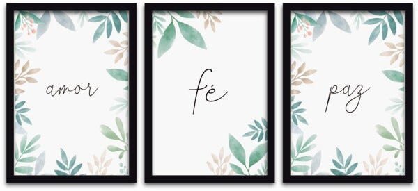 Conjunto Quadros Decorativos 3 peças 40x60 Amor Fé e Paz - Moldura Preta - 1