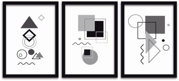 Conjunto Quadros Decorativos 3 pçs 40x60 Formas Geométricas - Moldura Preta - 2