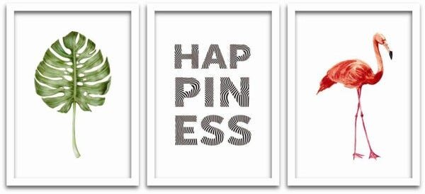 Conjunto Quadros Decorativos 3 peças 40x60 Happiness - Moldura Branca - 1