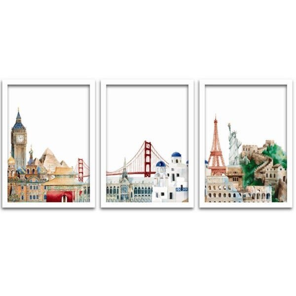 Conjunto Quadros Decorativos 3 pçs 40x60 Maravilhas Mundo - Moldura Branca - 1