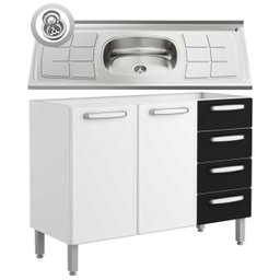 Balcão Gabinete Evidence Aço com Pia Inox 120cm 2 Portas 7026 Branco/Preto - Bertolini - 1