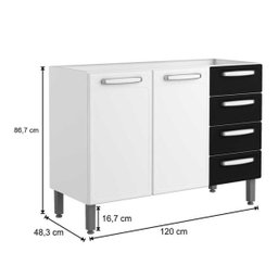 Balcão Gabinete Evidence Aço com Pia Inox 120cm 2 Portas 7026 Branco/Preto - Bertolini - 6