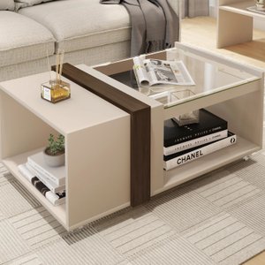 Mesa de Centro com Vidro Mobiliário para Sala com Rodízios:off White-havana