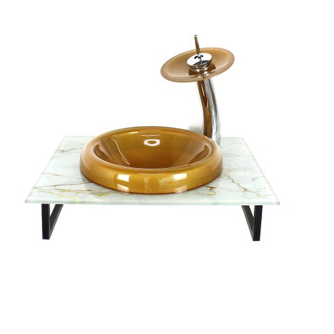 GABINETE DE VIDRO PARA BANHEIRO 50CM COM BANCADA MARMORIZADA MARMORE BRANCO DOURADO MAIS TORNEIRA CA