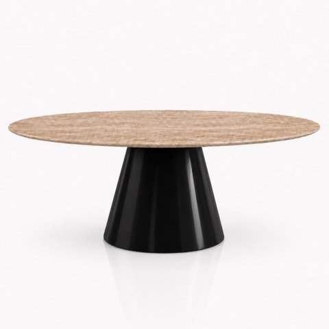 Mesa de Jantar Cone Oval 137x90 cm Tampo Mármore Travertino Base Laca Preta