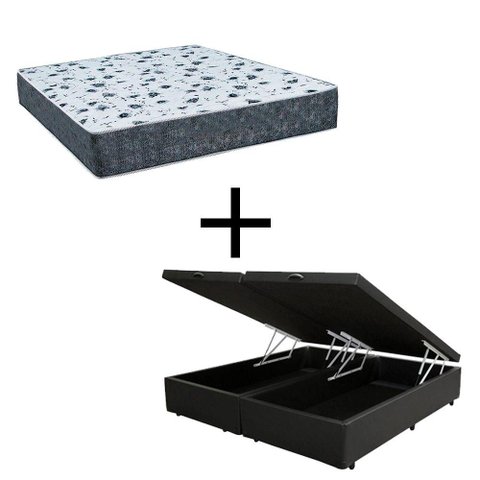 Cama Box Baú Casal 138 Bipartido Tecido Preto com Colchão Alegro Bello Box D28 Cinza 58x138x188