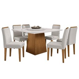 Mesa de Jantar Jasmin 135x35 com Tampo Giratório e 6 Cadeiras Amanda Ipê/Off White/Bege - PR Móveis - 1 Mesa de Jantar Jasmin 135x35 com Tampo Giratório e 6 Cadeiras Amanda Ipê/Off White/Bege - PR Móveis - 1