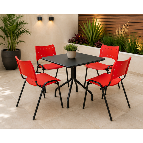 Jogo Mesa 70x70 Preta para Sorveterias e Restaurantes com 4 Cadeiras Iso Vermelha