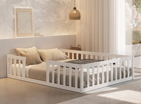 Cama Montessoriana Queen Nemargi Madeira Maciça com Grade Branco