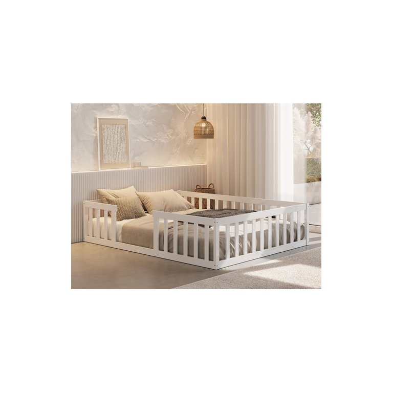 Cama Montessoriana Queen Nemargi Madeira Maciça com Grade Branco