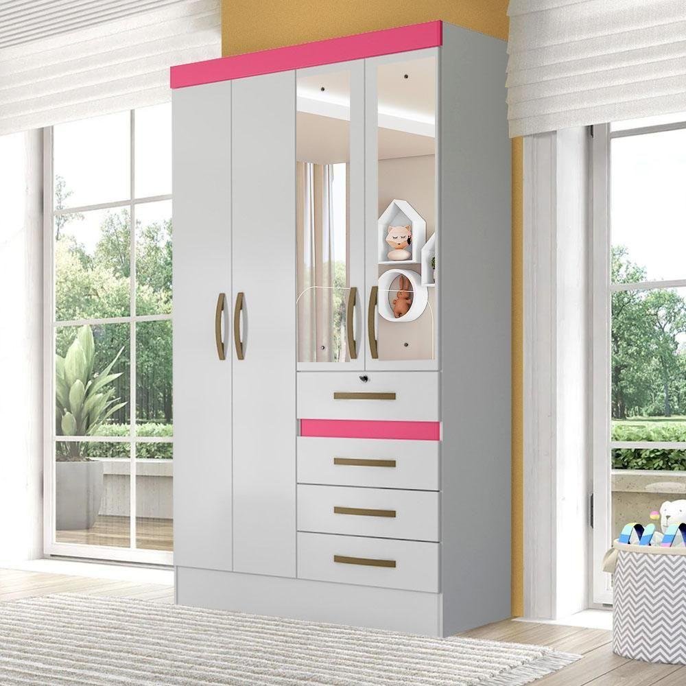 Guarda Roupa Infantil com Espelho 4 Portas 4 Gavetas Branco Rosa Flex ...