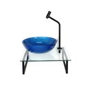 Ver imagem 2 de Kit Cuba de Vidro Redonda 10mm Azul Escuro com Tampo 40cm Incolor e Suporte Preto