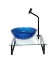 Ver imagem 2 de Kit Cuba de Vidro Redonda 10mm Azul Escuro com Tampo 40cm Incolor e Suporte Preto