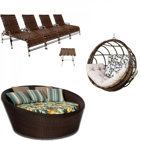 Kit com 4 Espreguiçadeiras, 1 Balanço Hungria, 1 Chaise e Mesa Centro Trama Original