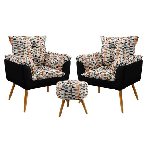 Kit 2 Poltronas Opala com Puff Solar Suede Estampado Laranja com Preto Aradecor