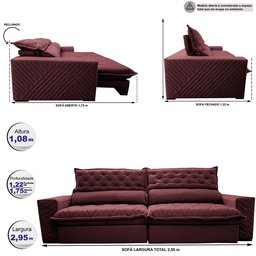 Sofá Retrátil e Reclinável 2.95m Molas Ensacadas Cama inBox Spazus com Bordado 3D Velusoft Vinho - 3