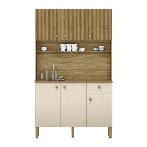 Armário de Cozinha Compacta 6 Portas e 1 Gaveta 111cm Veneza Ripado Freijó-vanilla - Pallazio