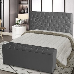 Kit Cabeceira de Cama Box e Calçadeira Baú Paris Queen 160 Cm Capitonê Courino Grafite Eli Móveis