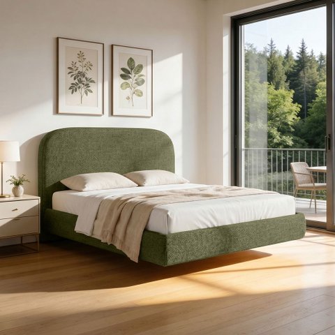 Cama Queen Flutuante com Cabeceira 160cm Aura W01 Linho Verde - Lyam Decor