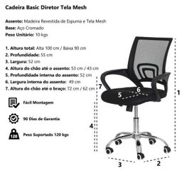 Kit 4 Cadeiras Escritório Basic Diretor Tela Mesh Preta Base Giratória Cromada Altura Ajustável - 6