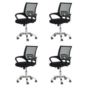 Kit 4 Cadeiras Escritório Basic Diretor Tela Mesh Preta Base Giratória Cromada Altura Ajustável