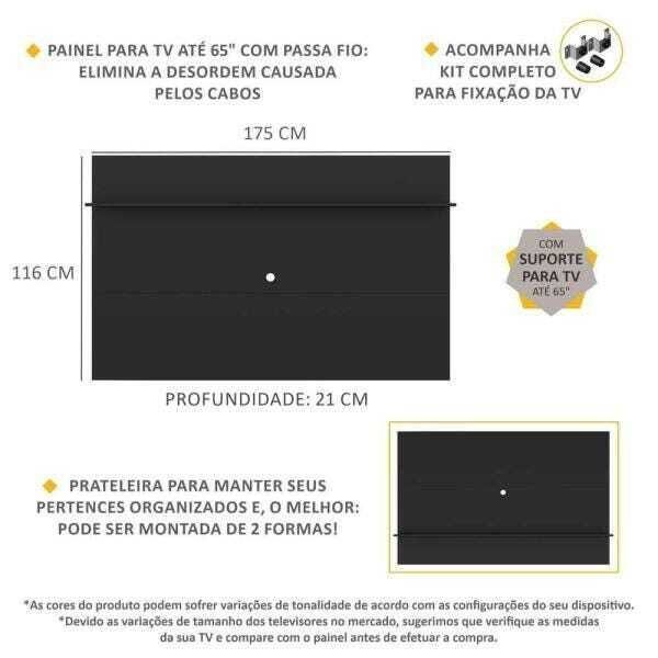 Painel com Suporte Tv 65 Polegadas e Prateleira Amsterdã Plus Multimóveis Preto - 3