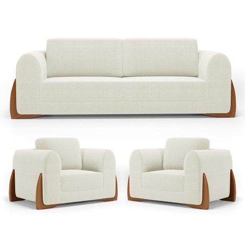 Kit 02 Poltronas e 01 Sofá Bloom 200cm 03 Lugares com Pés de Madeira Bouclê Off White - Desk Design