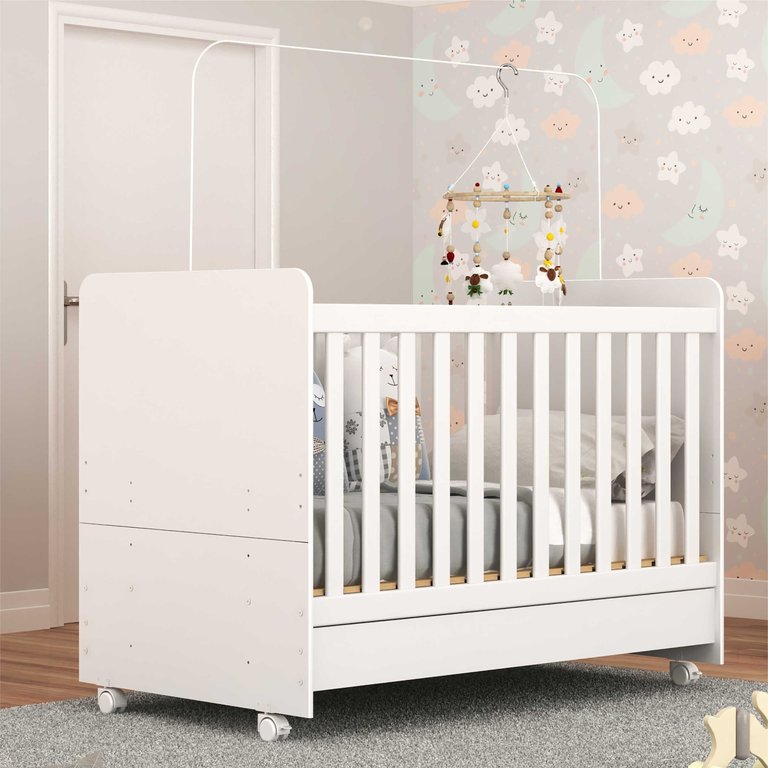 Berço Americano / Mini Cama 3 em 1 com Colchão Incluso e Rodízios Bambino Branco